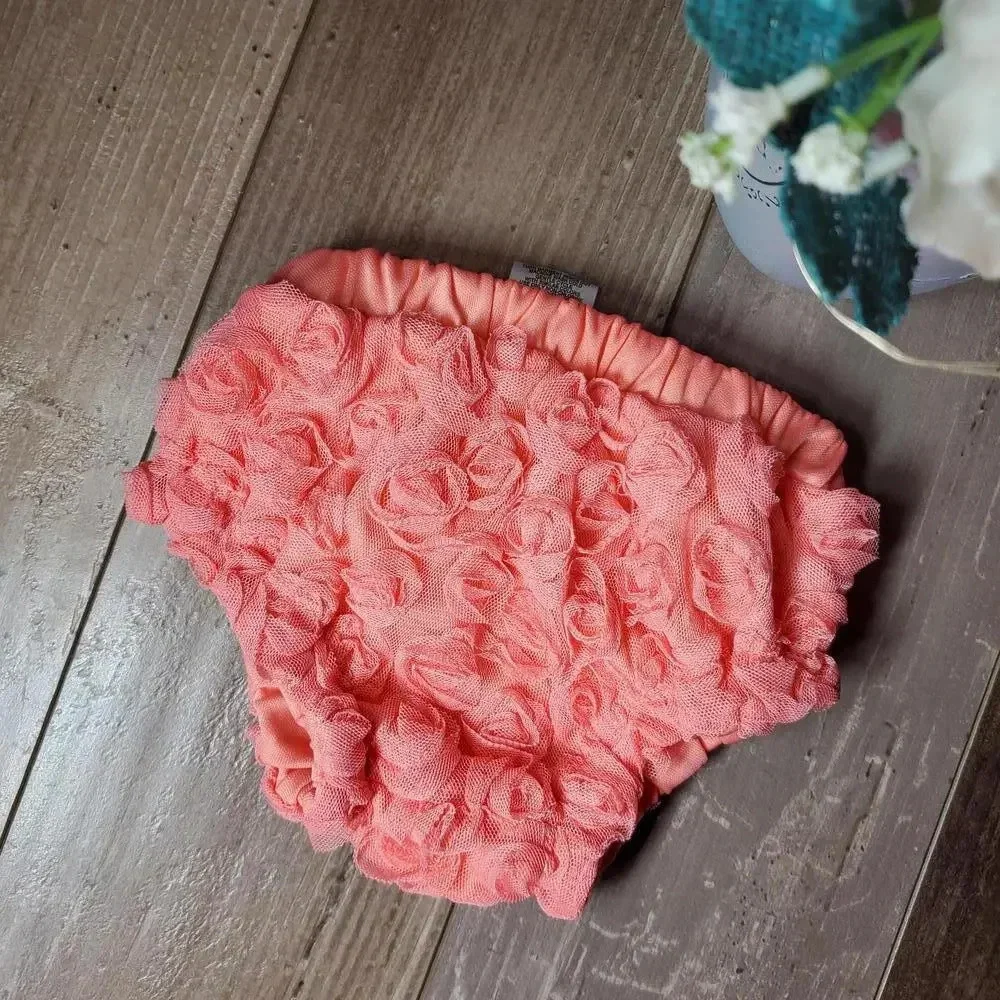 Boutique Coral Pink Floral Mesh Ruffle Bloomers Size 0/3M Baby Girl NWOT